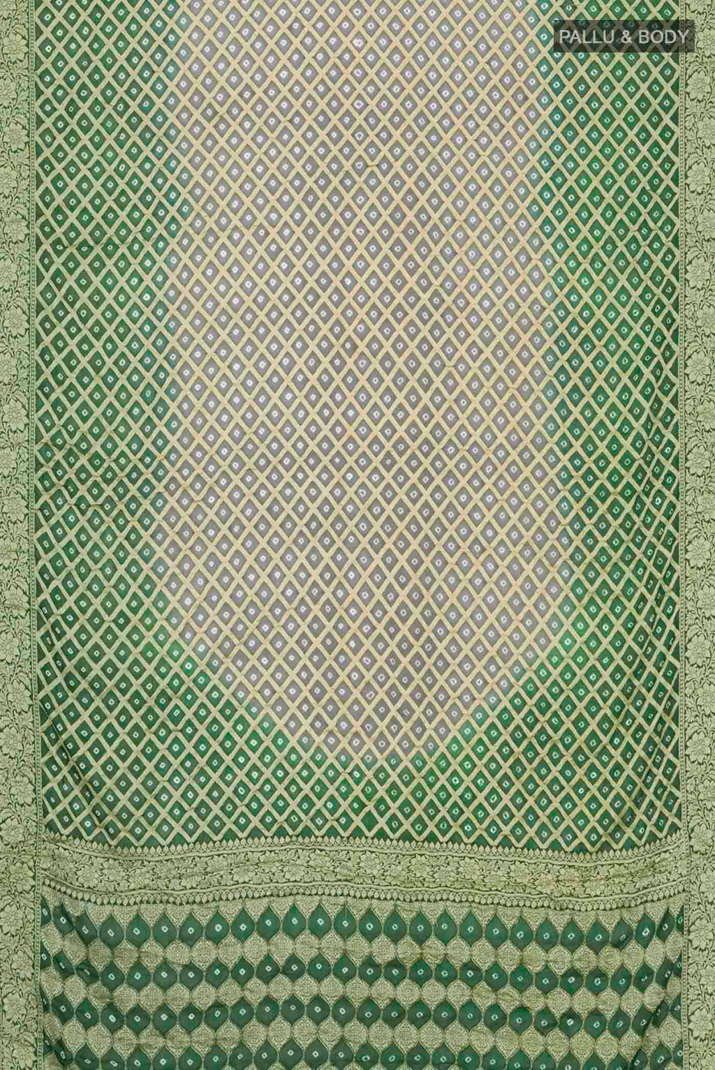 Flat view of Green Banarasi Georgette Saree with Zari Butta on the body and Zari Border