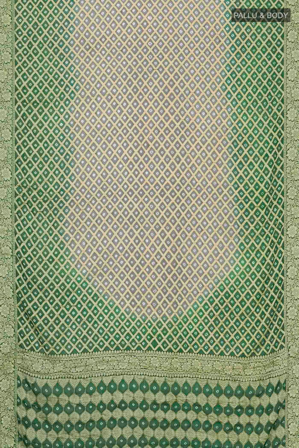 Flat view of Green Banarasi Georgette Saree with Zari Butta on the body and Zari Border