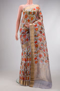 Grey Dual Tone Organza Silk Saree with Printed design on the body and Zari Border.  displayed on a mannequin