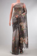 Grey Dual Tone Organza Silk Saree with Printed design on the body and Without Border.  displayed on a mannequin