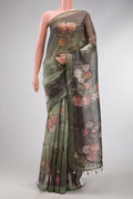 Green Dual Tone Organza Silk Saree with Printed design on the body and Without Border.  displayed on a mannequin