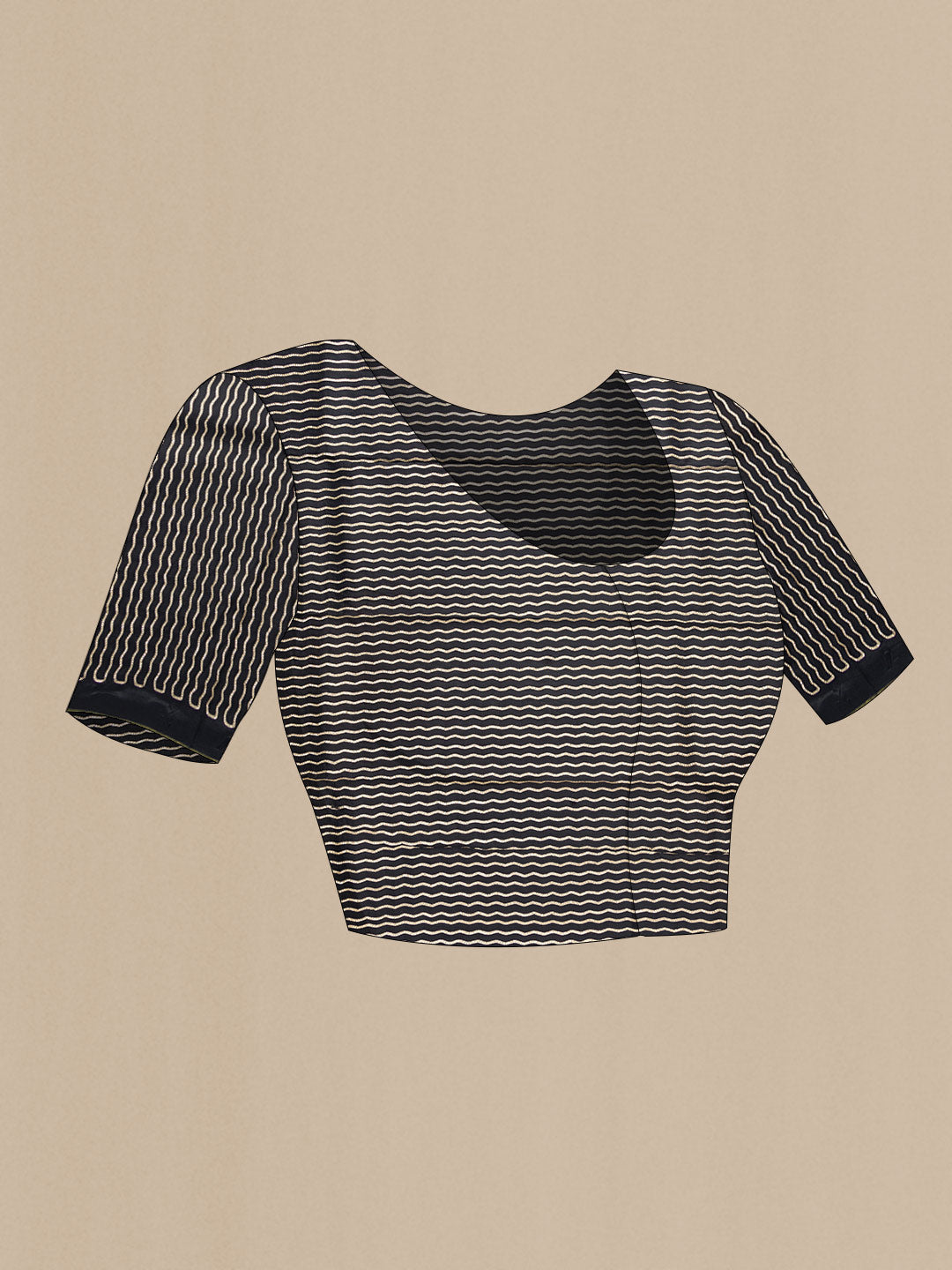 Close up image of the blouse of Grey Dual Tone Organza Silk Saree with Stripes on the body and Without Border. 