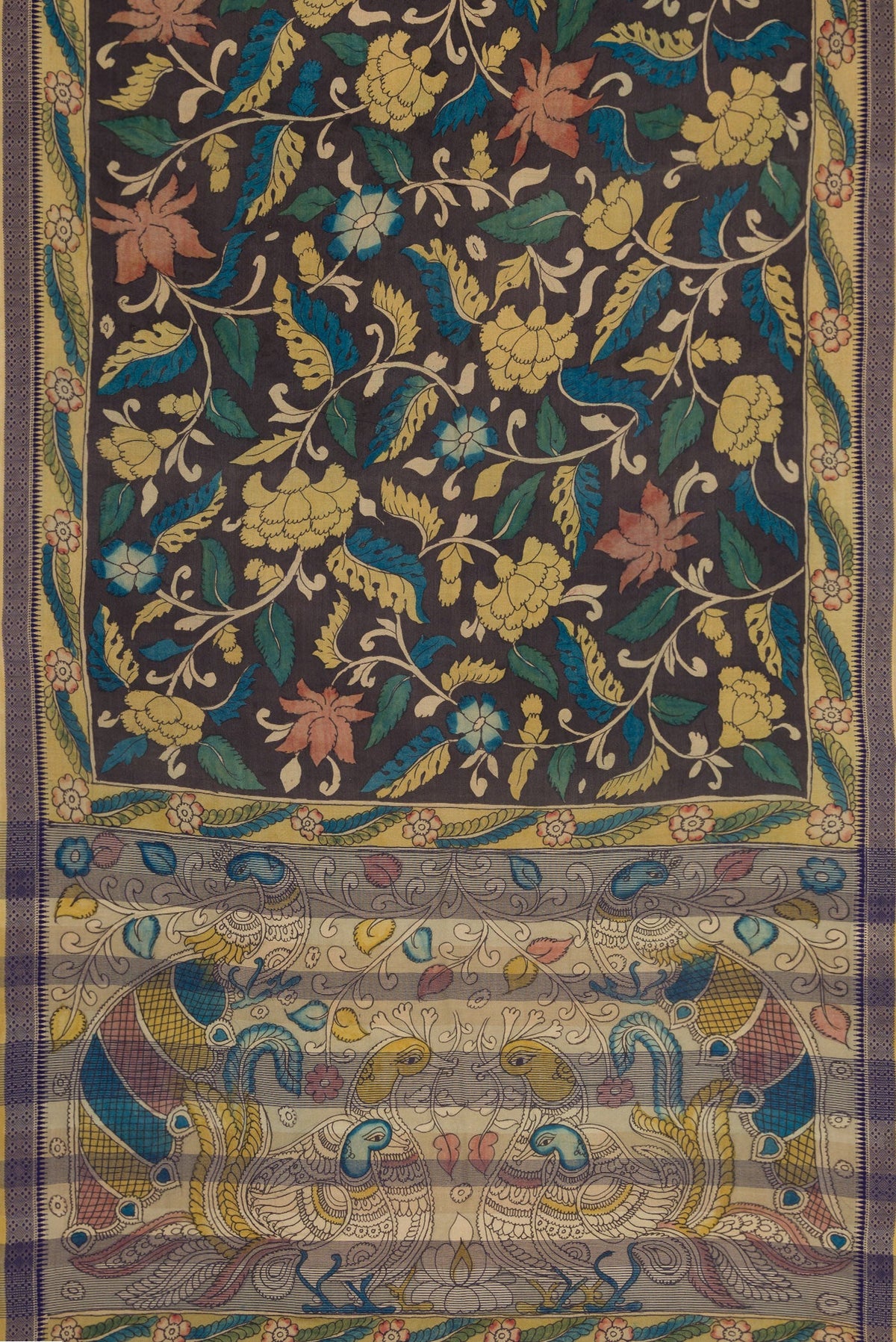 Flat view of Brown Dual Tone Tussar Silk Saree with Printed design on the body and Printed Border. 