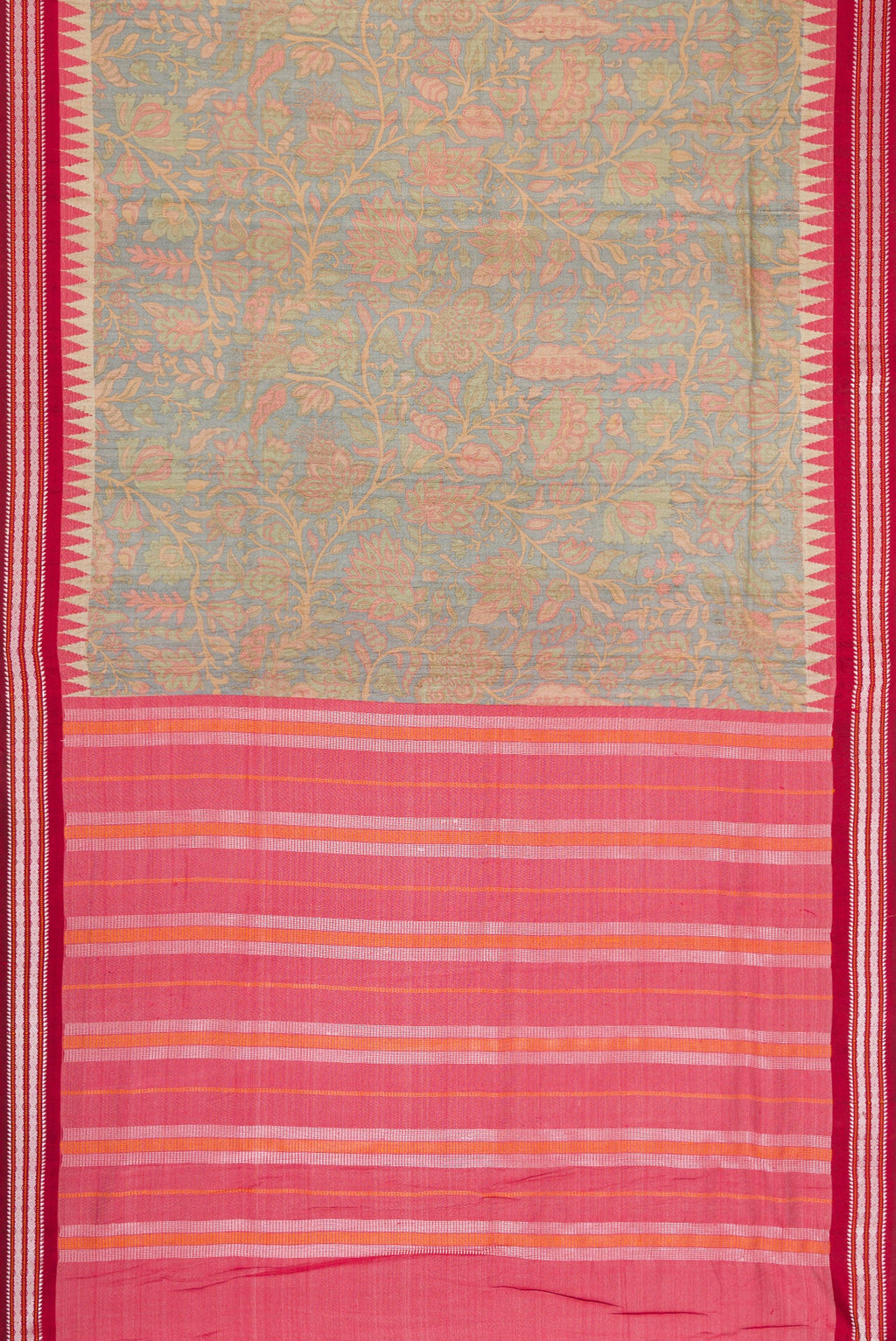 Flat view of Beige Dual Tone Tussar Silk Saree with Printed design on the body and Thread Border. 