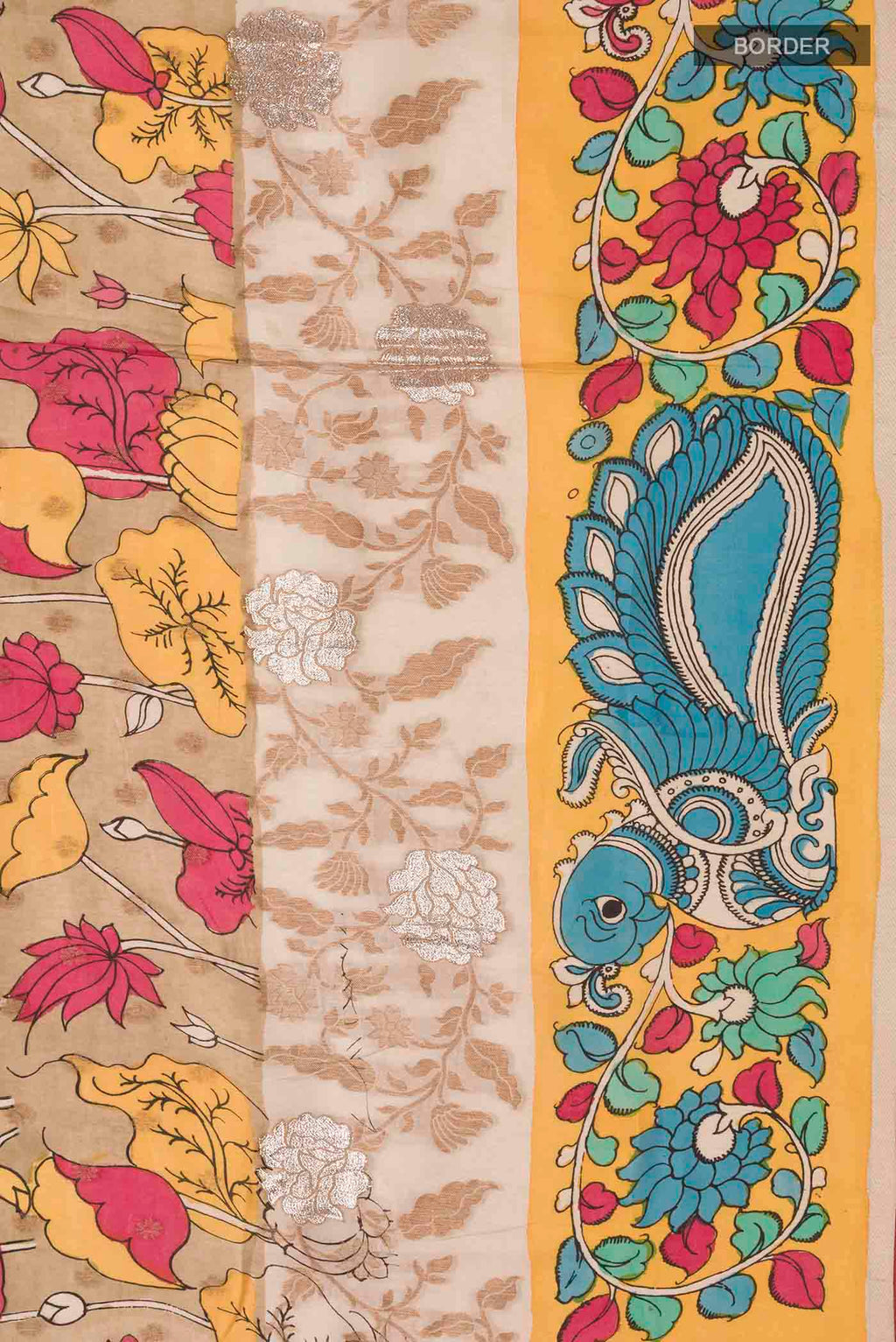 Border image of Beige Kalamkari Cotton Saree with kalamkari Print on the body and Zari Border