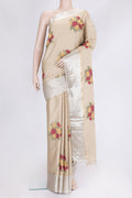 Beige Dual Tone Tussar Silk Saree with Embroidery on the body and Zari Border.  displayed on a mannequin