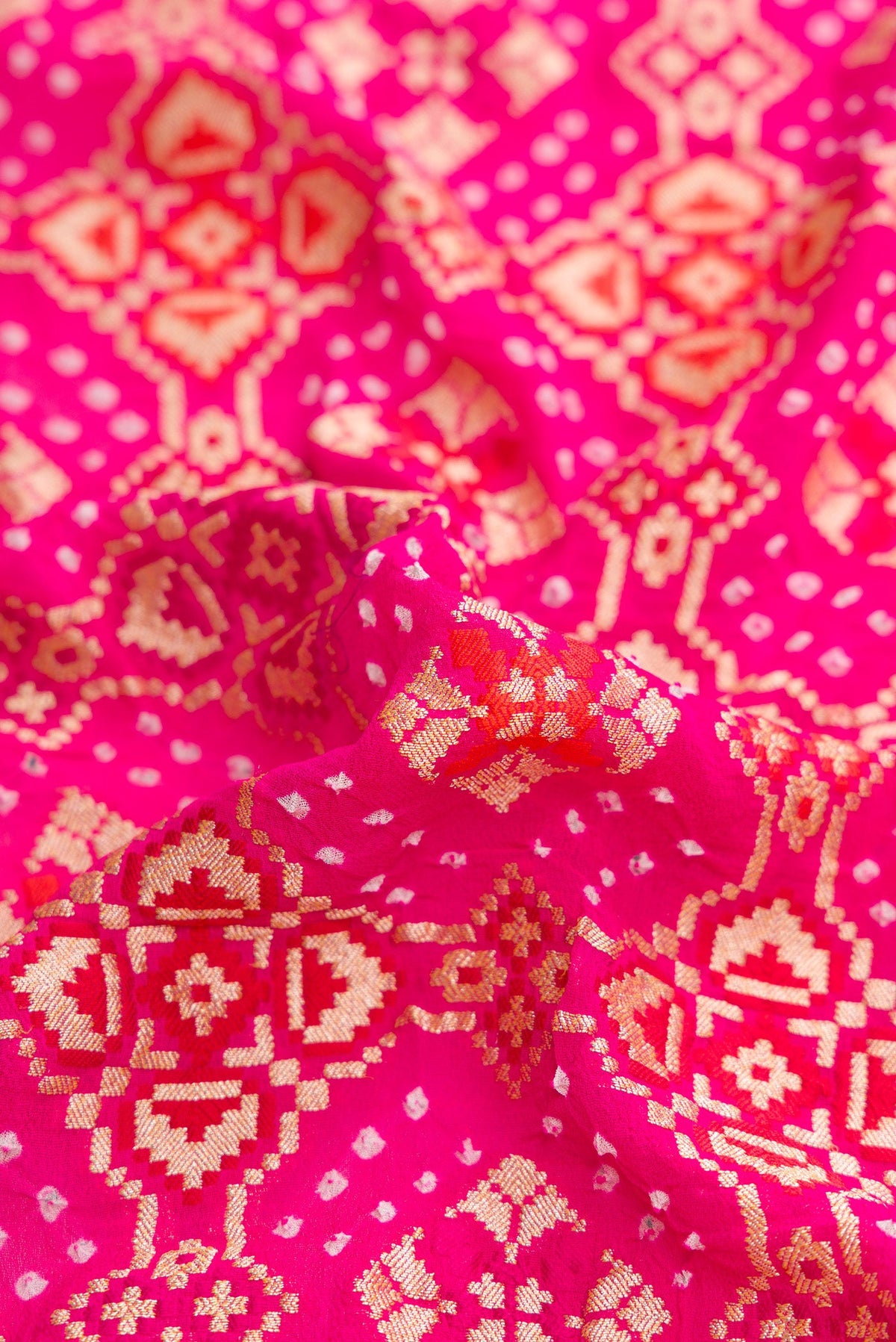 Close up of Dark Pink Dual Tone Banarasi Georgette Saree with Zari Brocade on the body and Zari Border.  displaying folds