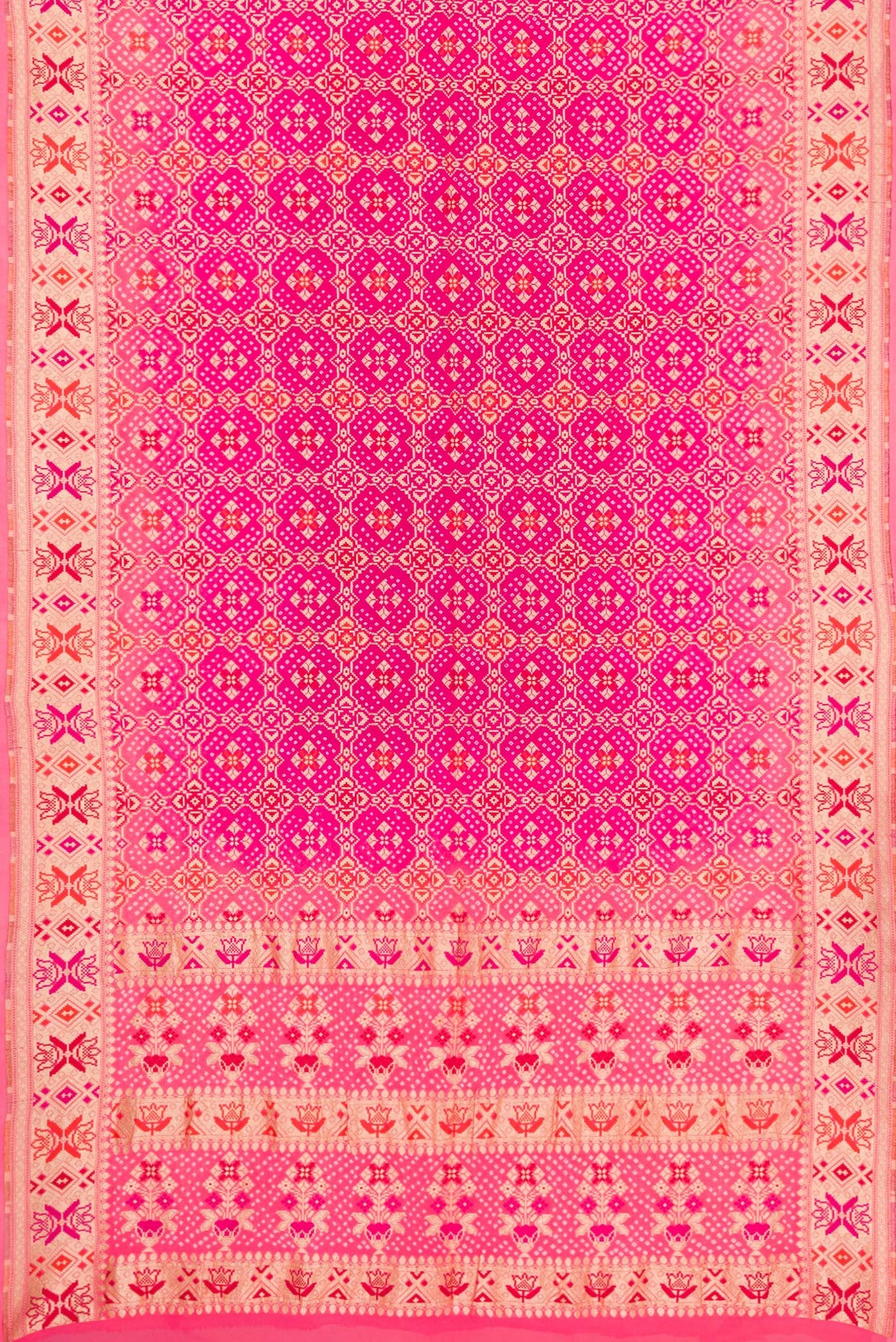 Flat view of Dark Pink Dual Tone Banarasi Georgette Saree with Zari Brocade on the body and Zari Border. 