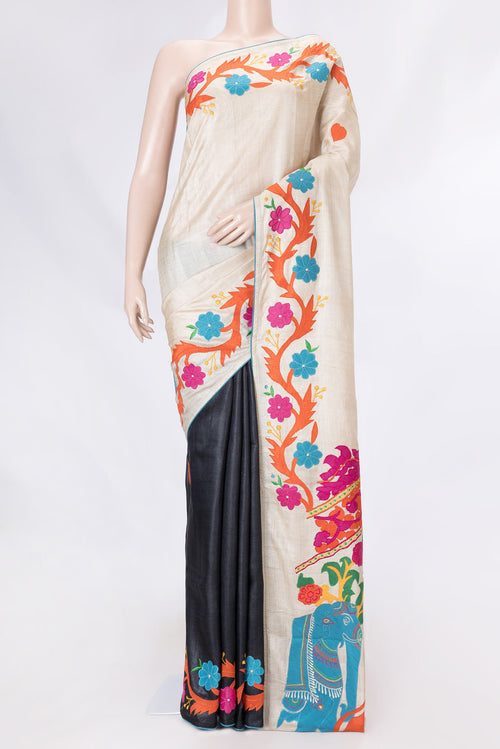 Beige Dual Tone Tussar Saree with Plain Body and Embroidery Border displayed on a mannequin