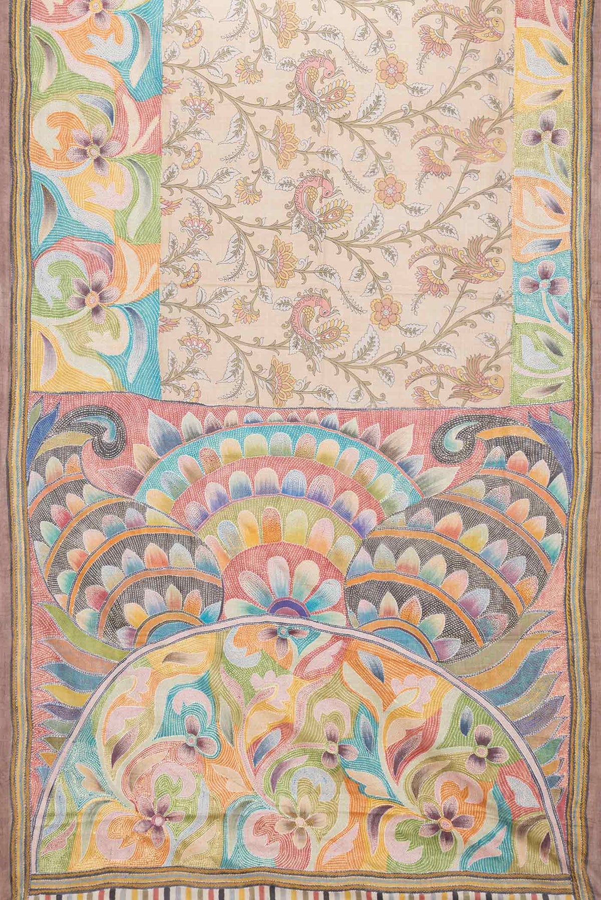 Flat view of Beige Dual Tone Tussar Saree with Printed design on the body and Embroidery Border. 