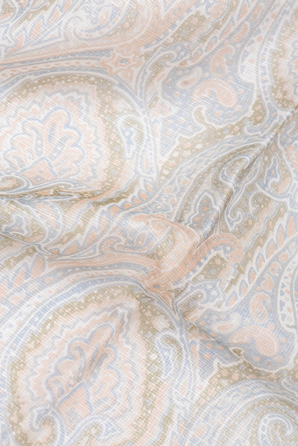 Close up of Grey Dual Tone Kota Silk Saree with Printed design on the body and Zari Border.  displaying folds
