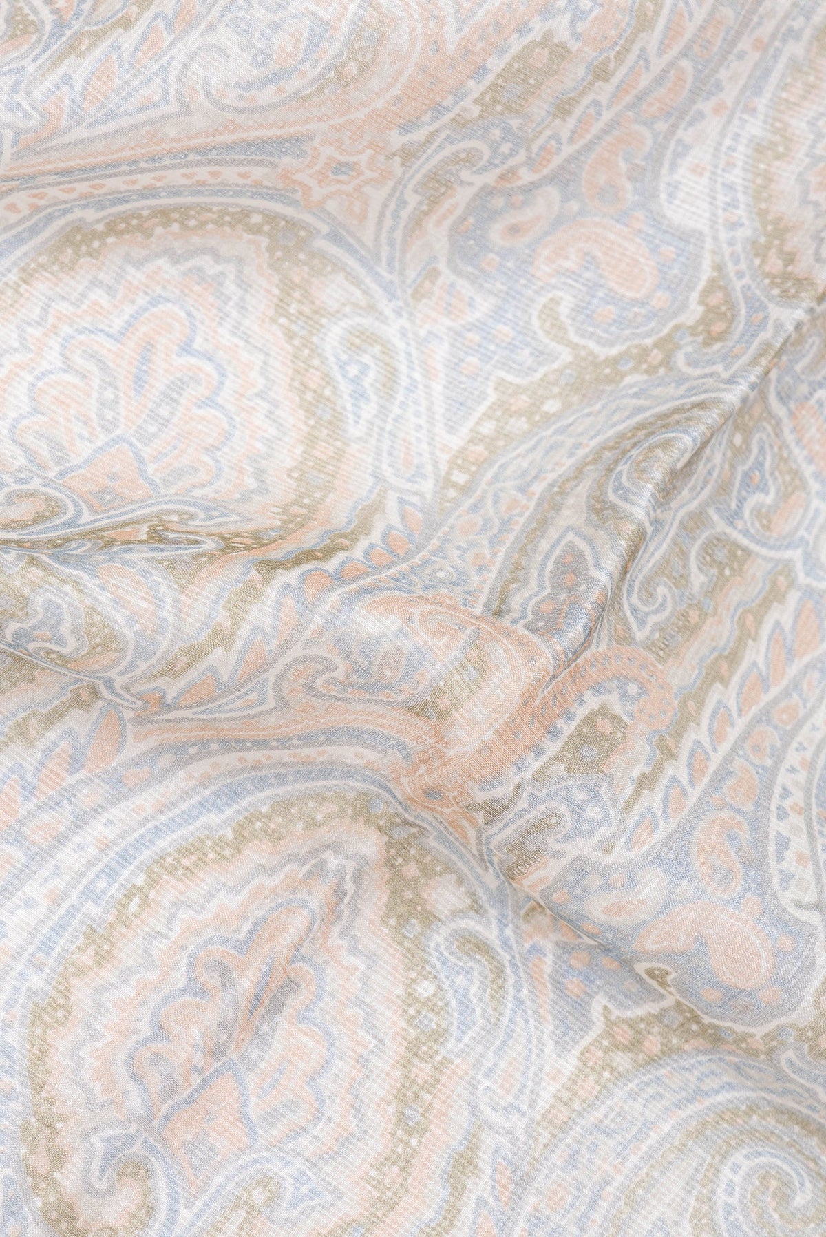 Close up of Grey Dual Tone Kota Silk Saree with Printed design on the body and Zari Border.  displaying folds