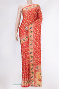 Red Dual Tone Mysore Crepe Saree with Printed design on the body and Printed Border.  displayed on a mannequin