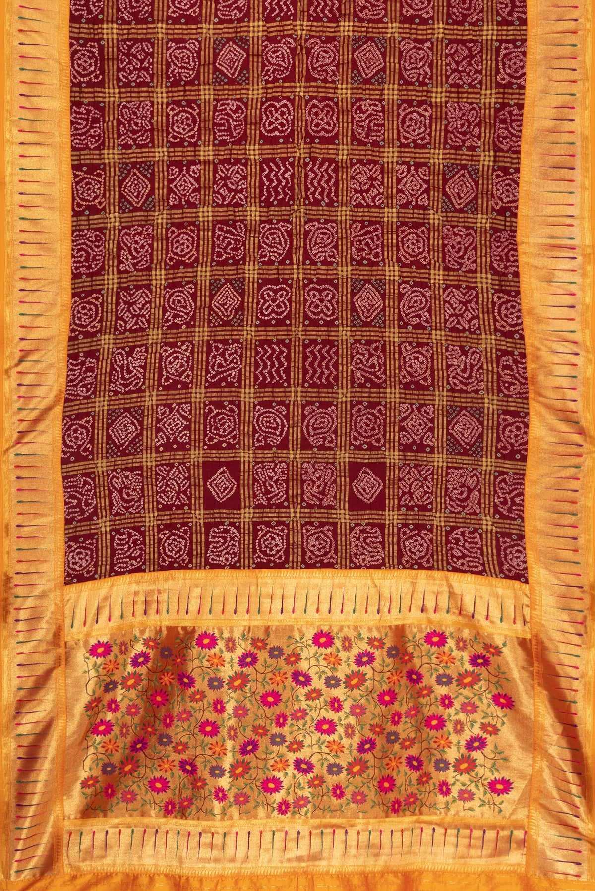 Flat view of Maroon Dual Tone Bandhani Silk Saree with Bandhani Print on the body and Paithani Border. 
