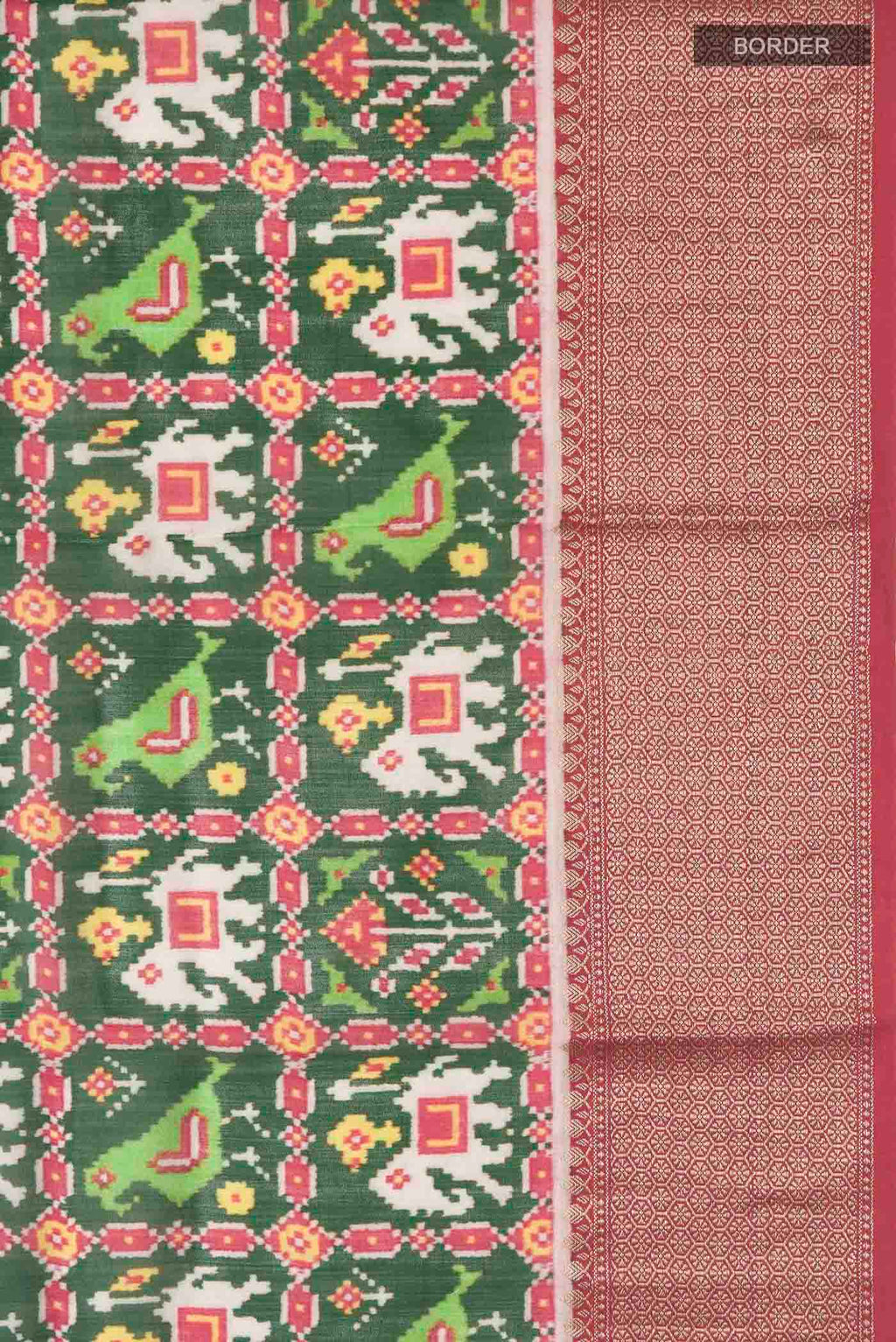 Border image of Green Tussar Silk Saree with Printed design on the body and Zari Border