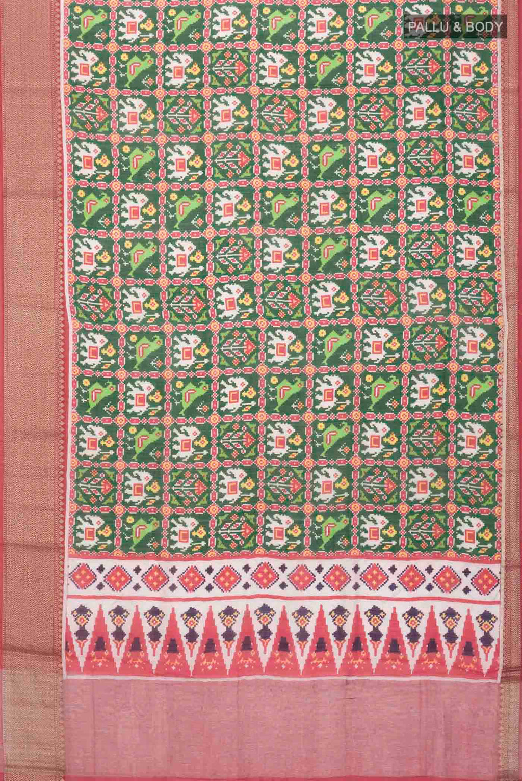 Flat view of Green Tussar Silk Saree with Printed design on the body and Zari Border