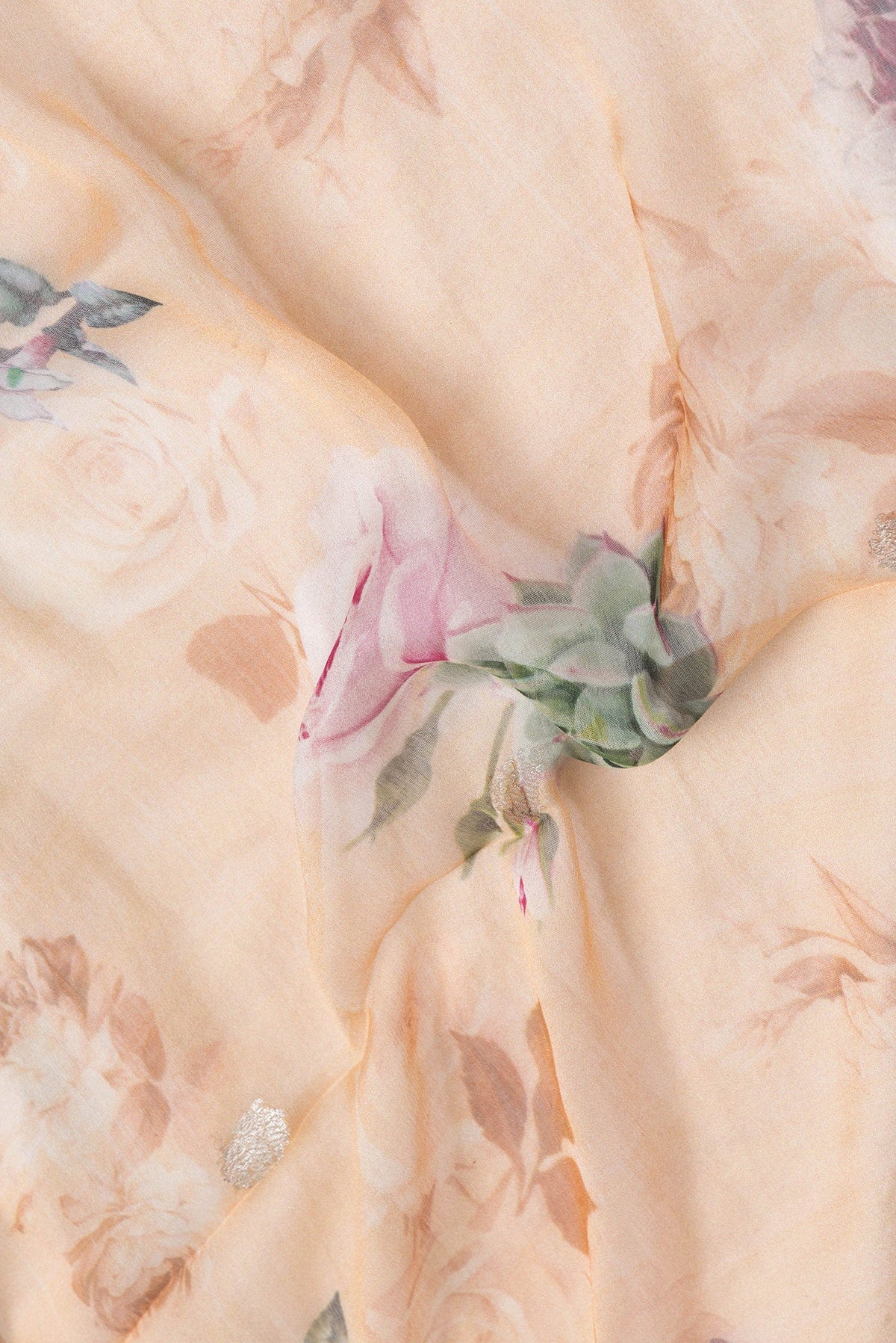 Close up of Beige Dual Tone Banarasi Georgette Saree with Printed design on the body and Zari Border.  displaying folds