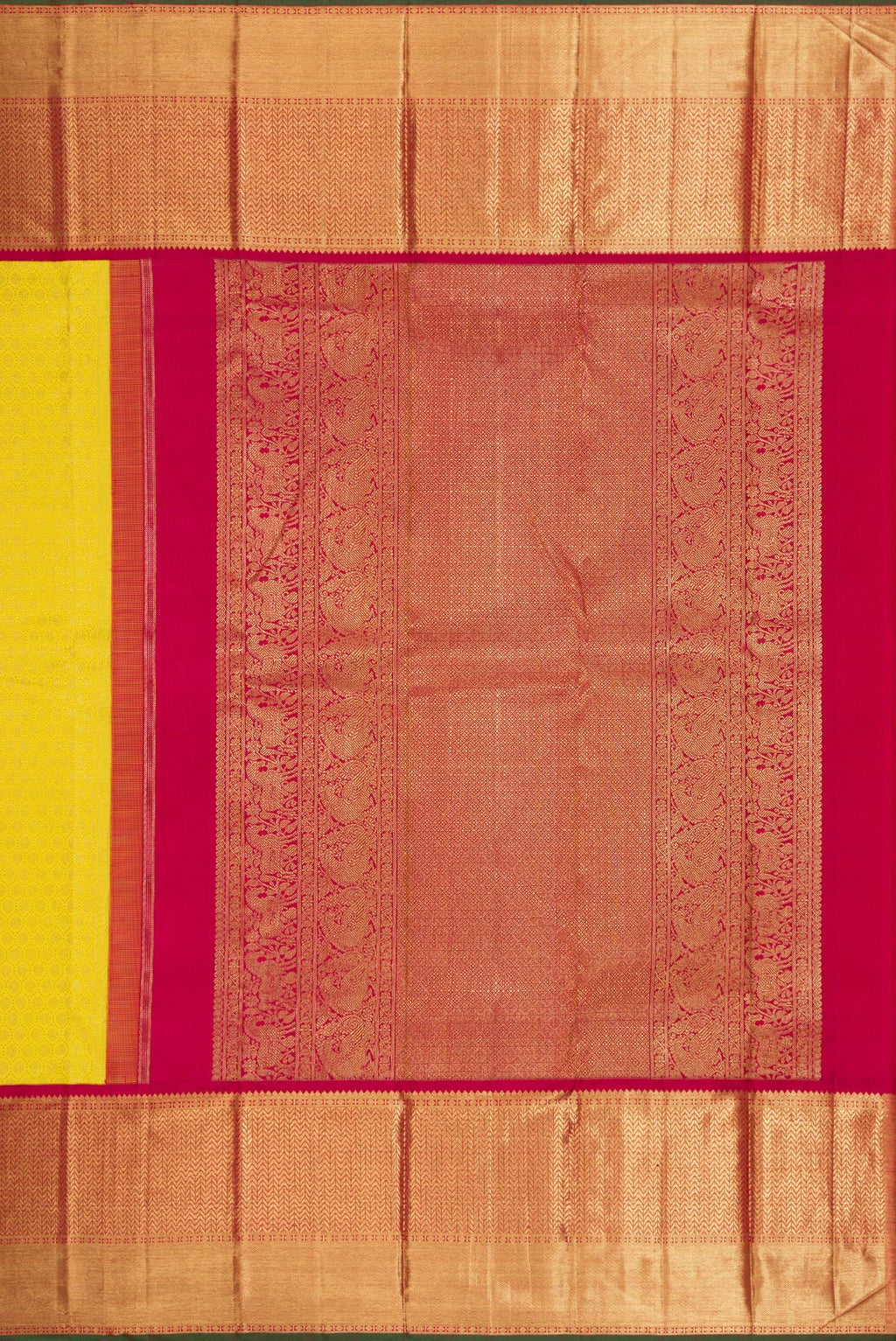 Close up image of the pallu of Pure Silk Pure Zari Parrot Green Dual Tone Kanjivaram Saree with Zari Brocade on the body and Zari Border. 