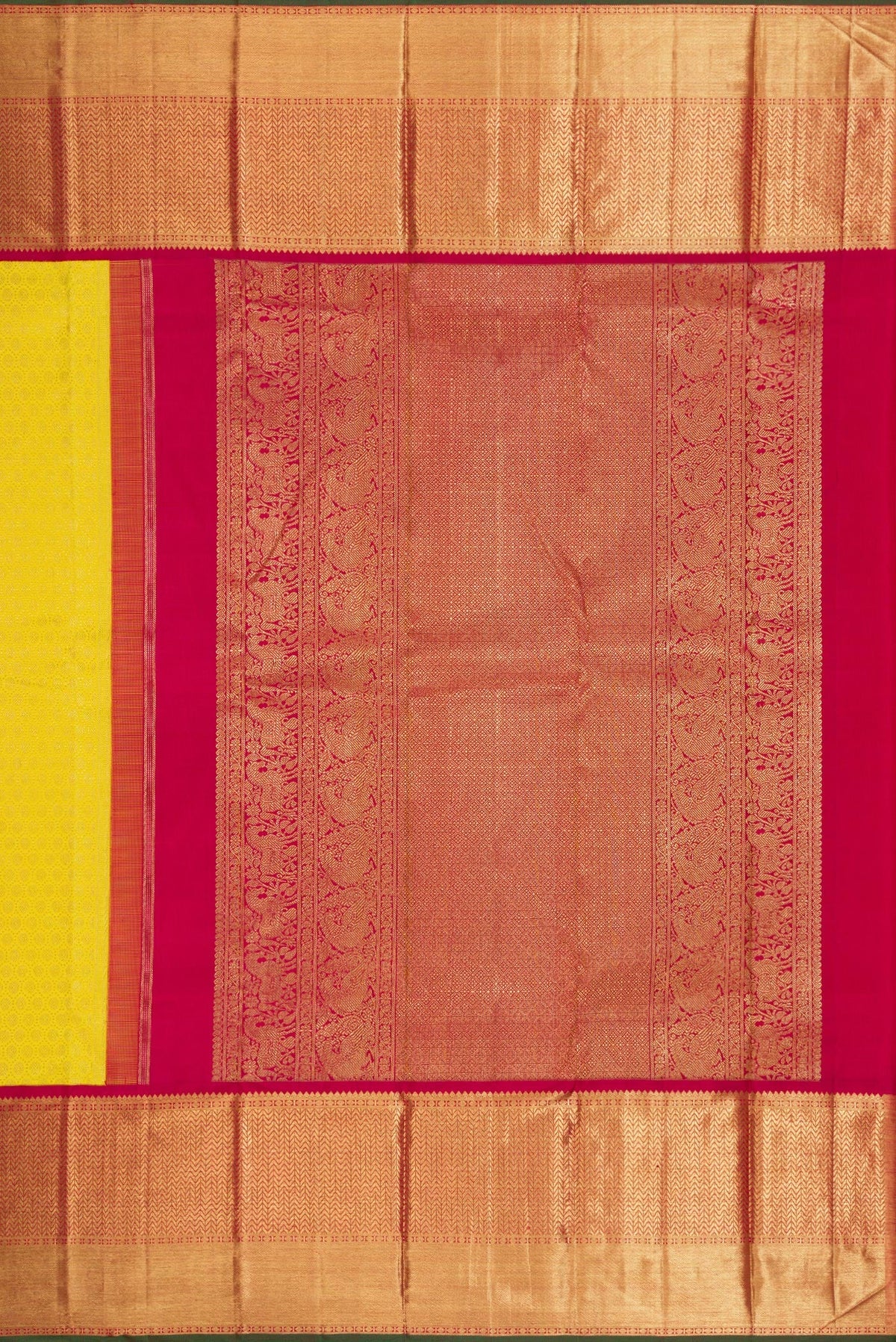 Close up image of the pallu of Pure Silk Pure Zari Parrot Green Dual Tone Kanjivaram Saree with Zari Brocade on the body and Zari Border. 