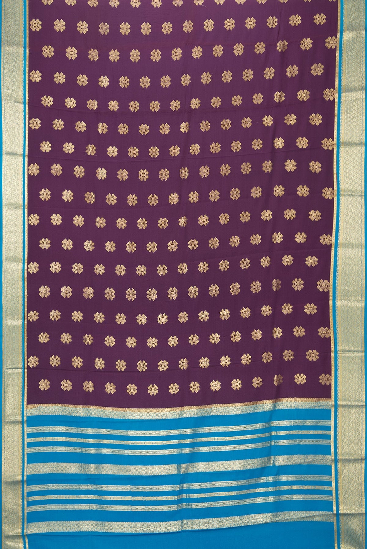 Flat view of Burgundy Dual Tone Mysore Silk Saree with Zari Butta on the body and Zari Border. 