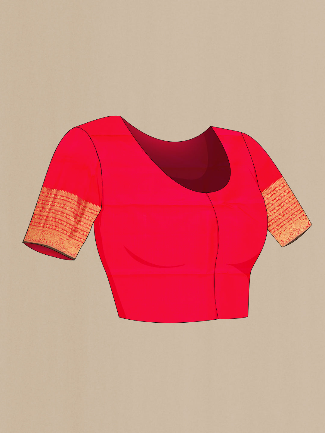 Close up image of the blouse of Pure Silk Pure Zari Red Kanjivaram Saree with Zari Brocade on the body and Zari Border. 