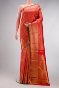 Pure Silk Pure Zari Red Kanjivaram Saree with Zari Brocade on the body and Zari Border.  displayed on a mannequin