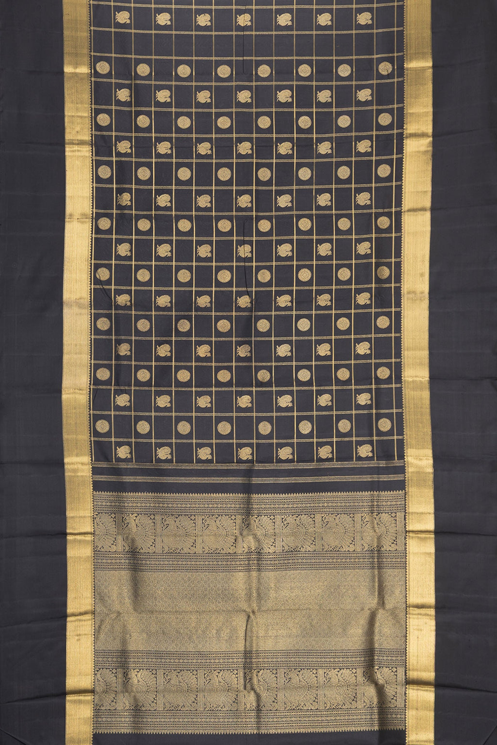 Flat view of Black Dual Tone Kanchipuram Silk Saree with Checked design on the body and Zari Border. 