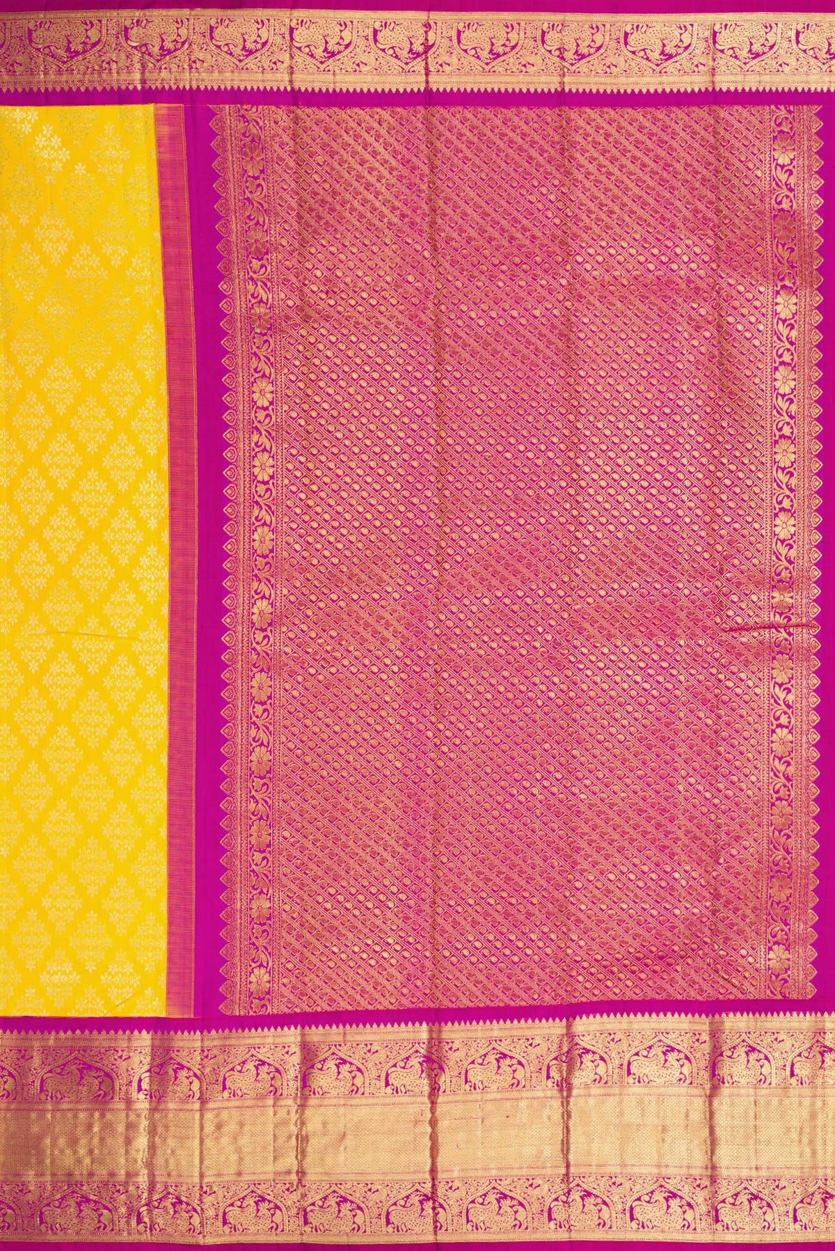 Close up image of the pallu of Yellow Dual Tone Kanjivaram Silk Saree with Zari Brocade on the body and Zari Border. 