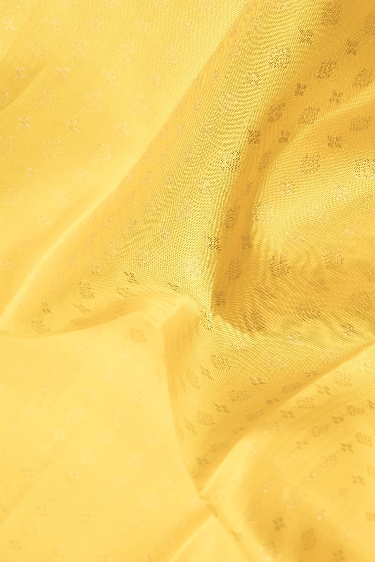 Close up of Yellow Dual Tone Kanjivaram Silk Saree with Zari Brocade on the body and Zari Border.  displaying folds