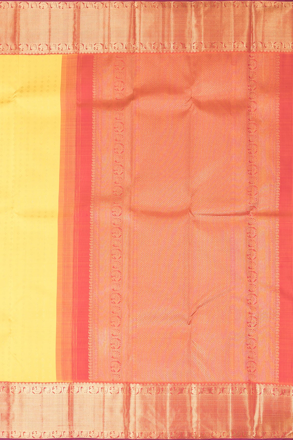 Close up image of the pallu of Yellow Dual Tone Kanjivaram Silk Saree with Zari Brocade on the body and Zari Border. 