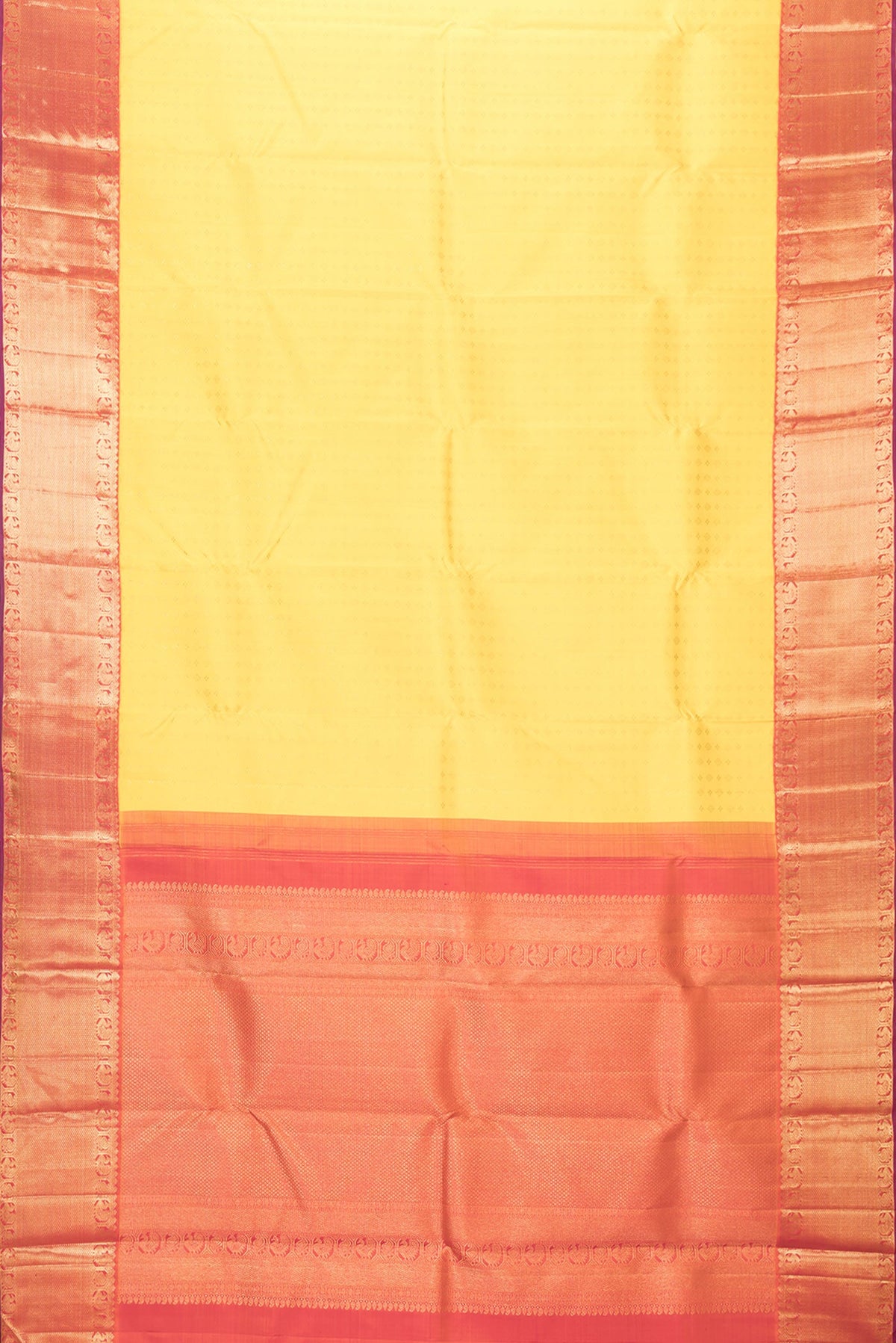Flat view of Yellow Dual Tone Kanjivaram Silk Saree with Zari Brocade on the body and Zari Border. 
