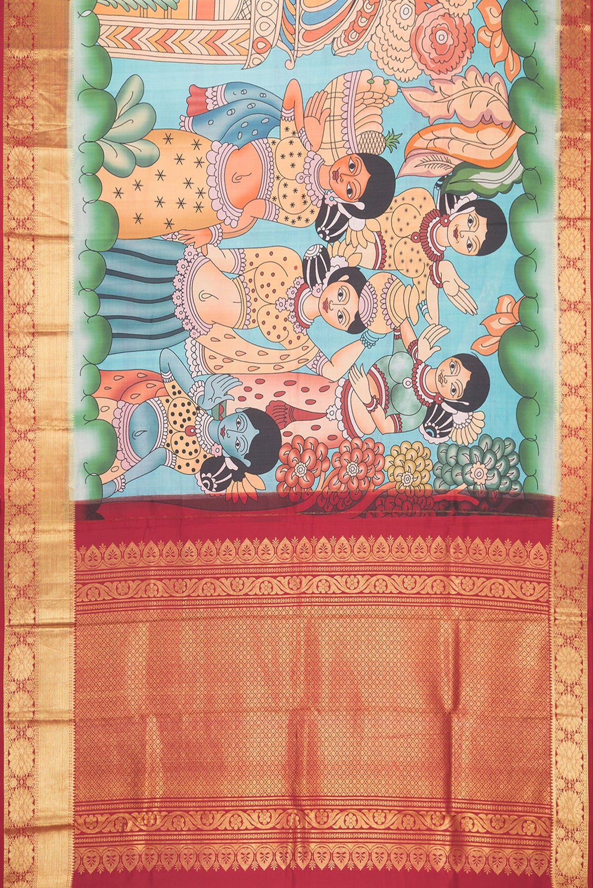 Flat view of Golden Peach Dual Tone Kanchipuram Silk Saree with Printed design on the body and Zari Border. 