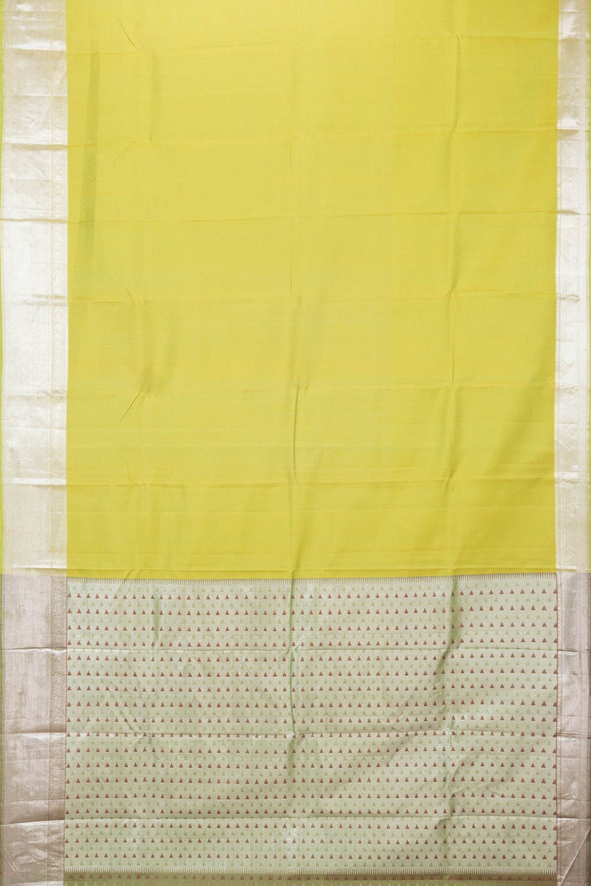 Flat view of Parrot Green Dual Tone Kanchipuram Saree with Jacquard design on the body and Zari Border