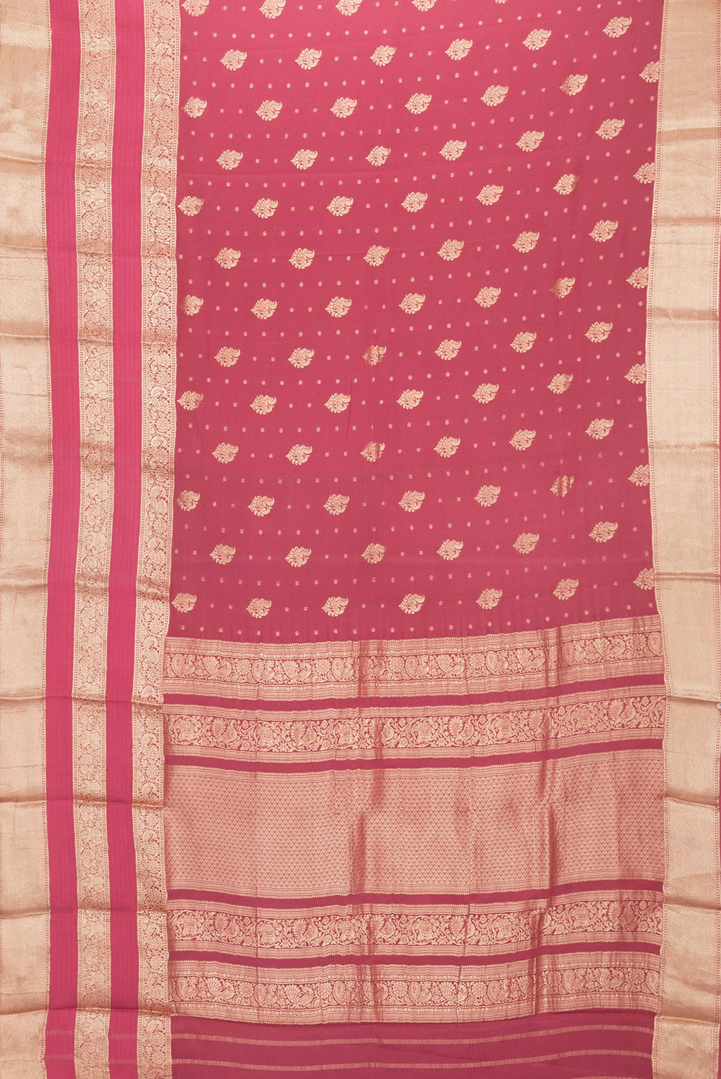 Flat view of Pink Dual Tone Mysore Georgette Saree with Zari Butta on the body and Zari Border. 