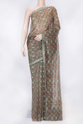 Green Dual Tone Organza Silk Saree with Printed design on the body and Embroidery Border displayed on a mannequin