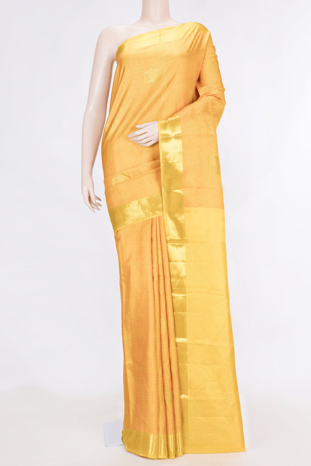 Yellow Dual Tone Kanchipuram Silk Saree with Jacquard With Zari Butta on the body and Zari Border displayed on a mannequin
