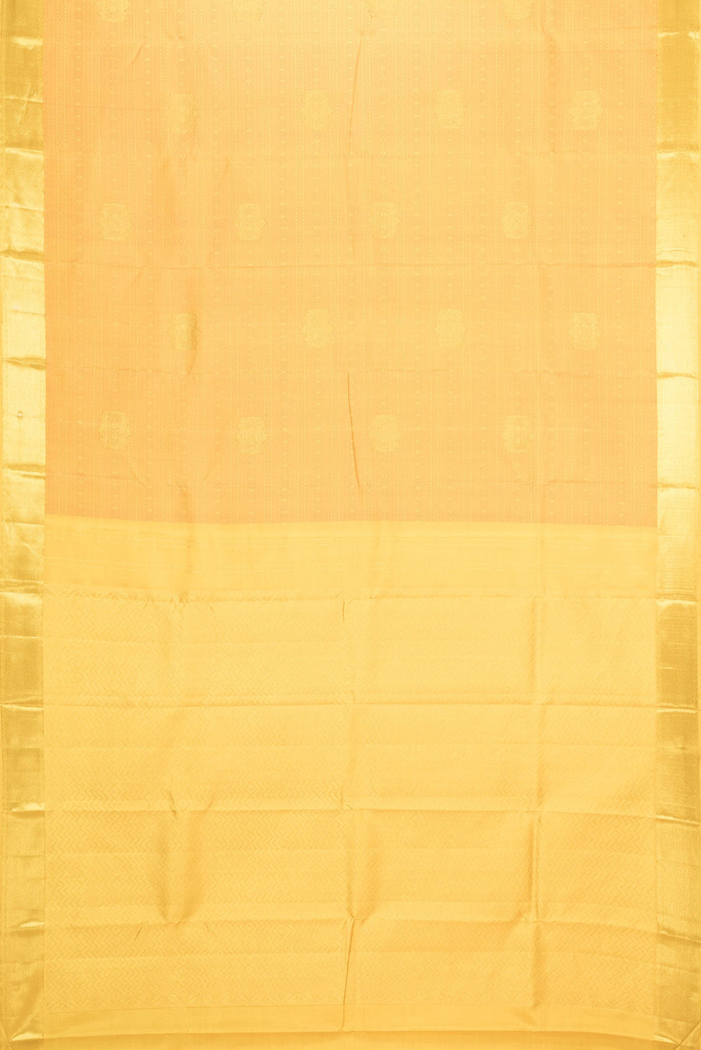 Flat view of Yellow Dual Tone Kanchipuram Silk Saree with Jacquard With Zari Butta on the body and Zari Border