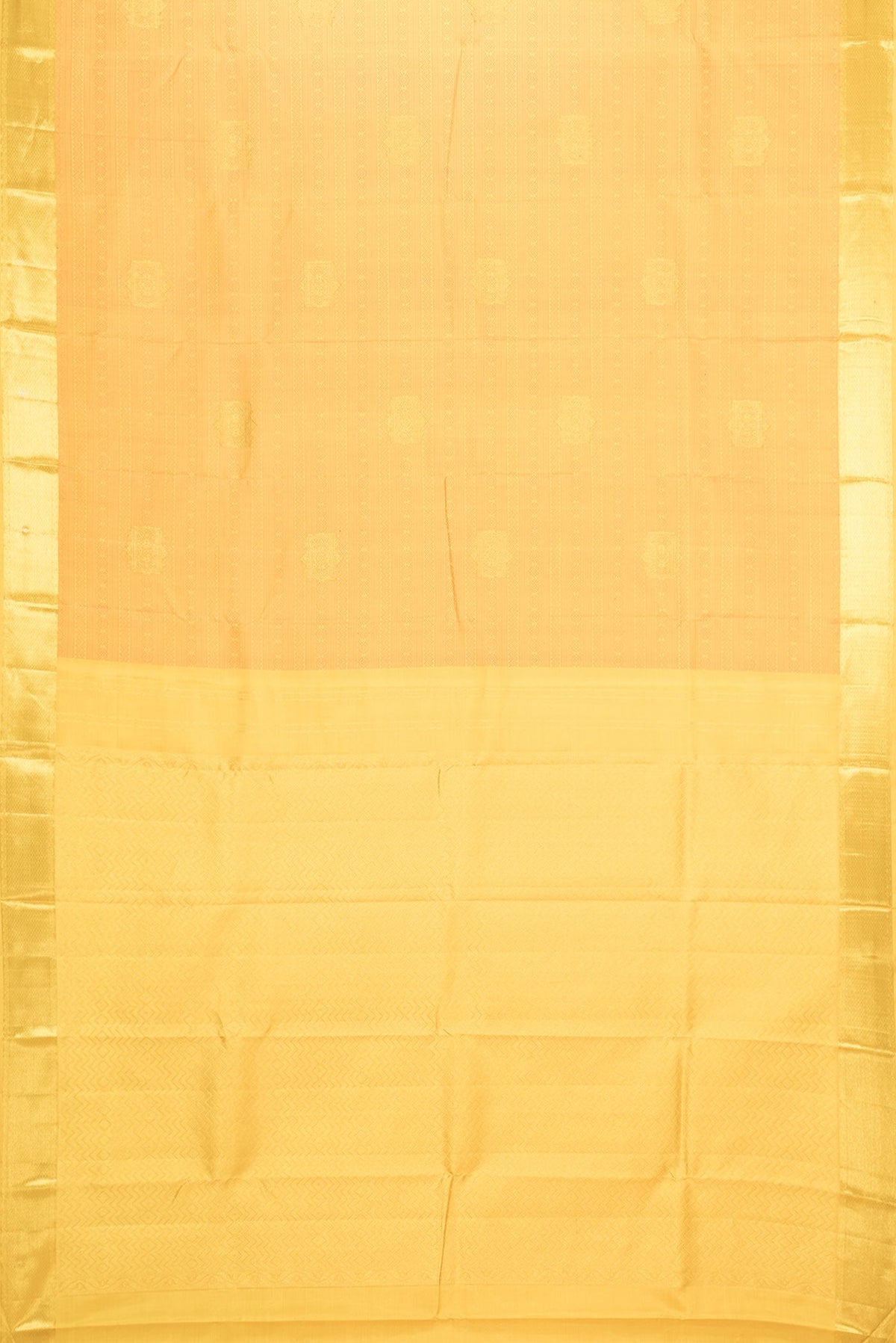 Flat view of Yellow Dual Tone Kanchipuram Silk Saree with Jacquard With Zari Butta on the body and Zari Border