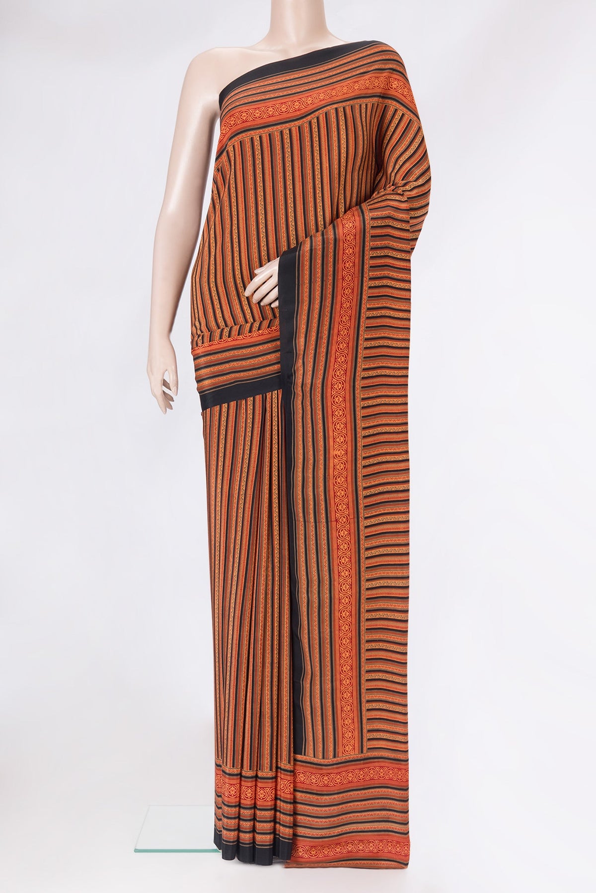 Black Dual Tone Crepe Saree with Printed design on the body and Printed Border.  displayed on a mannequin
