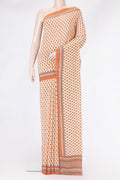Sandal Dual Tone Crepe Saree with Printed design on the body and Printed Border.  displayed on a mannequin