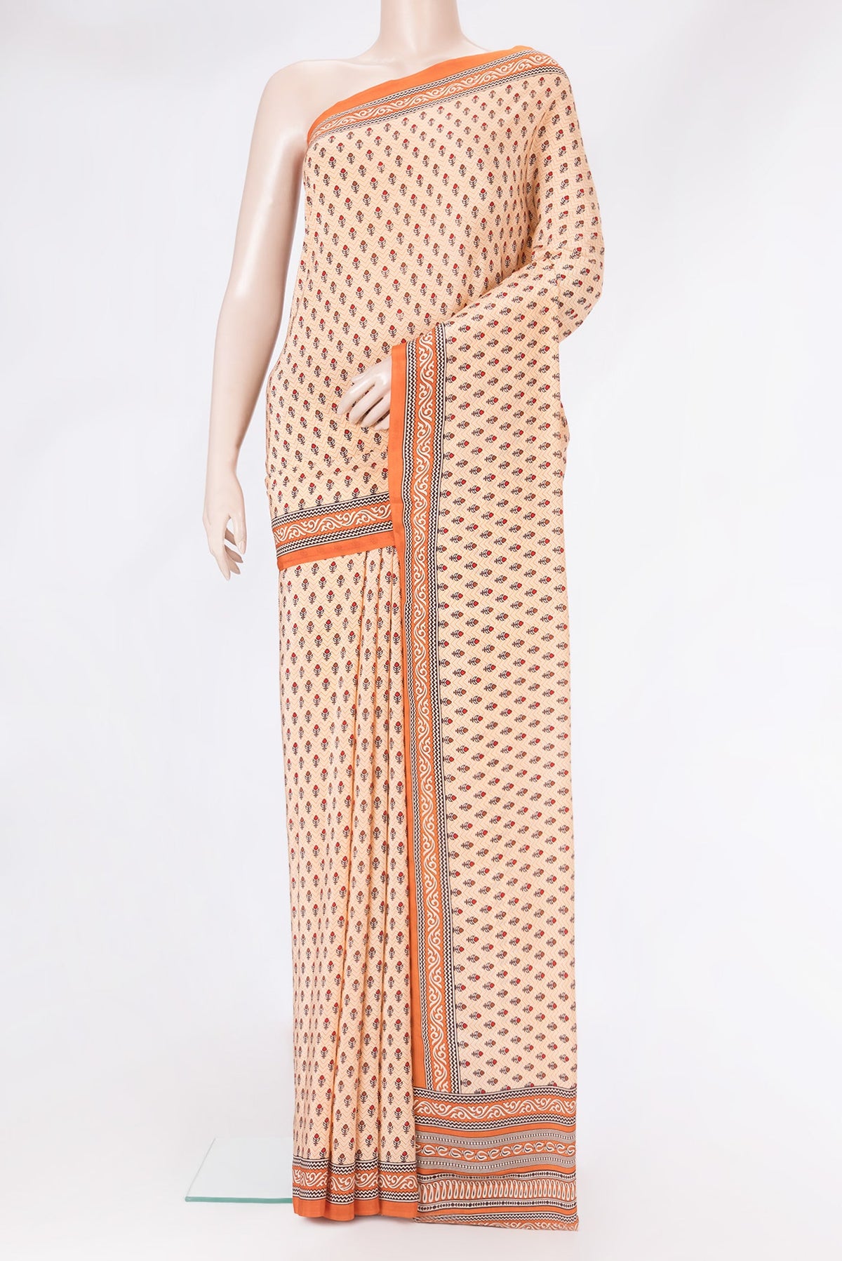 Sandal Dual Tone Crepe Saree with Printed design on the body and Printed Border.  displayed on a mannequin