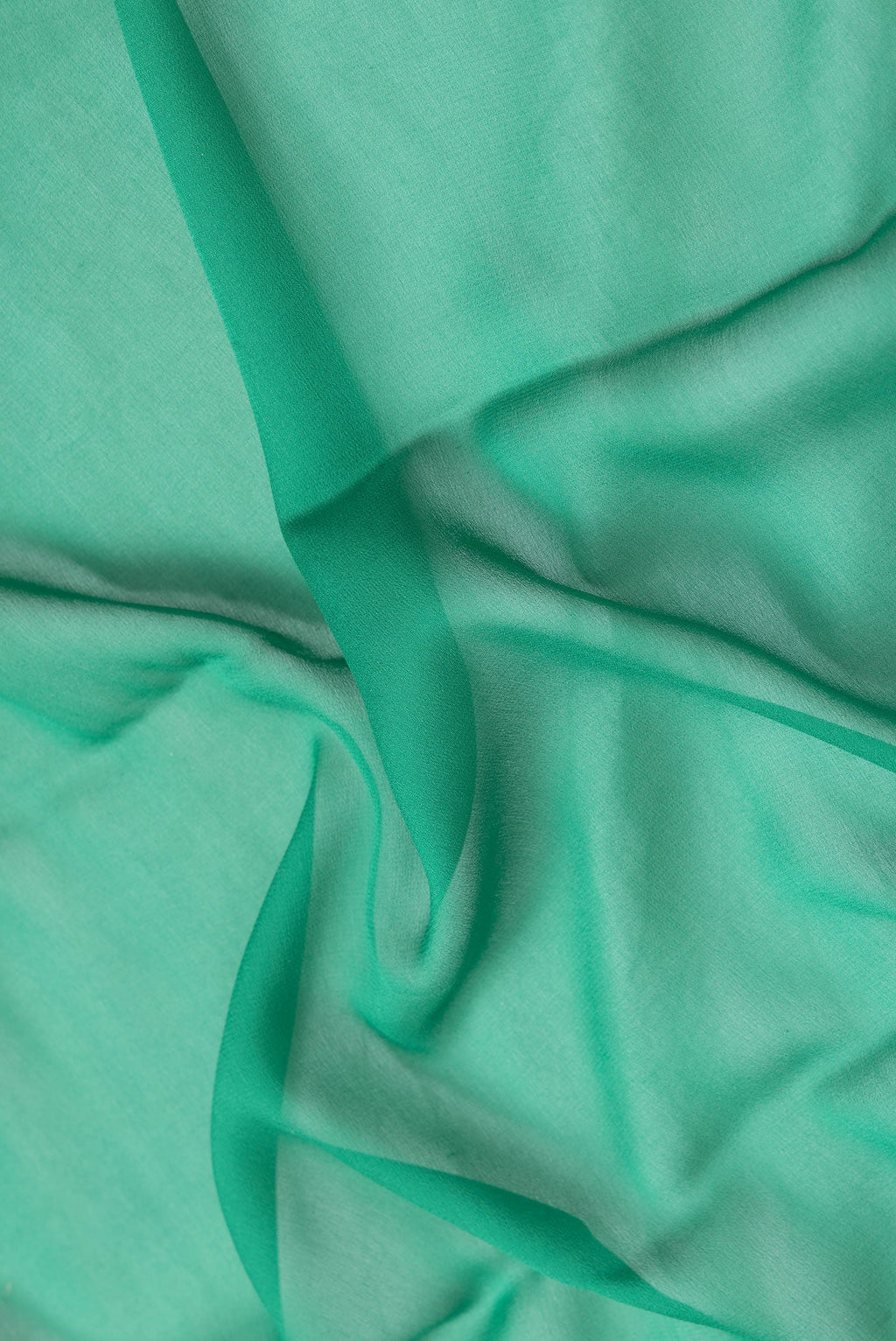 Close up of Green Dual Tone Mysore Georgette Saree with Plain Body and Zari Border.  displaying folds