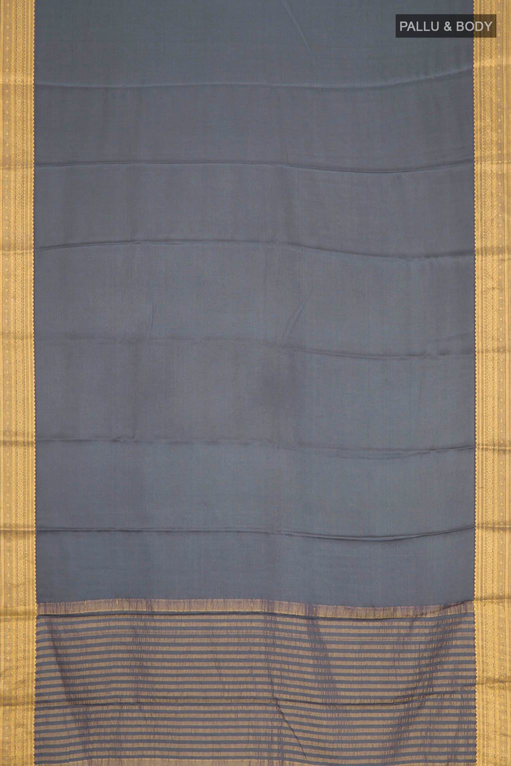 Flat view of Grey Satin Silk Saree with Plain Body and Zari Border