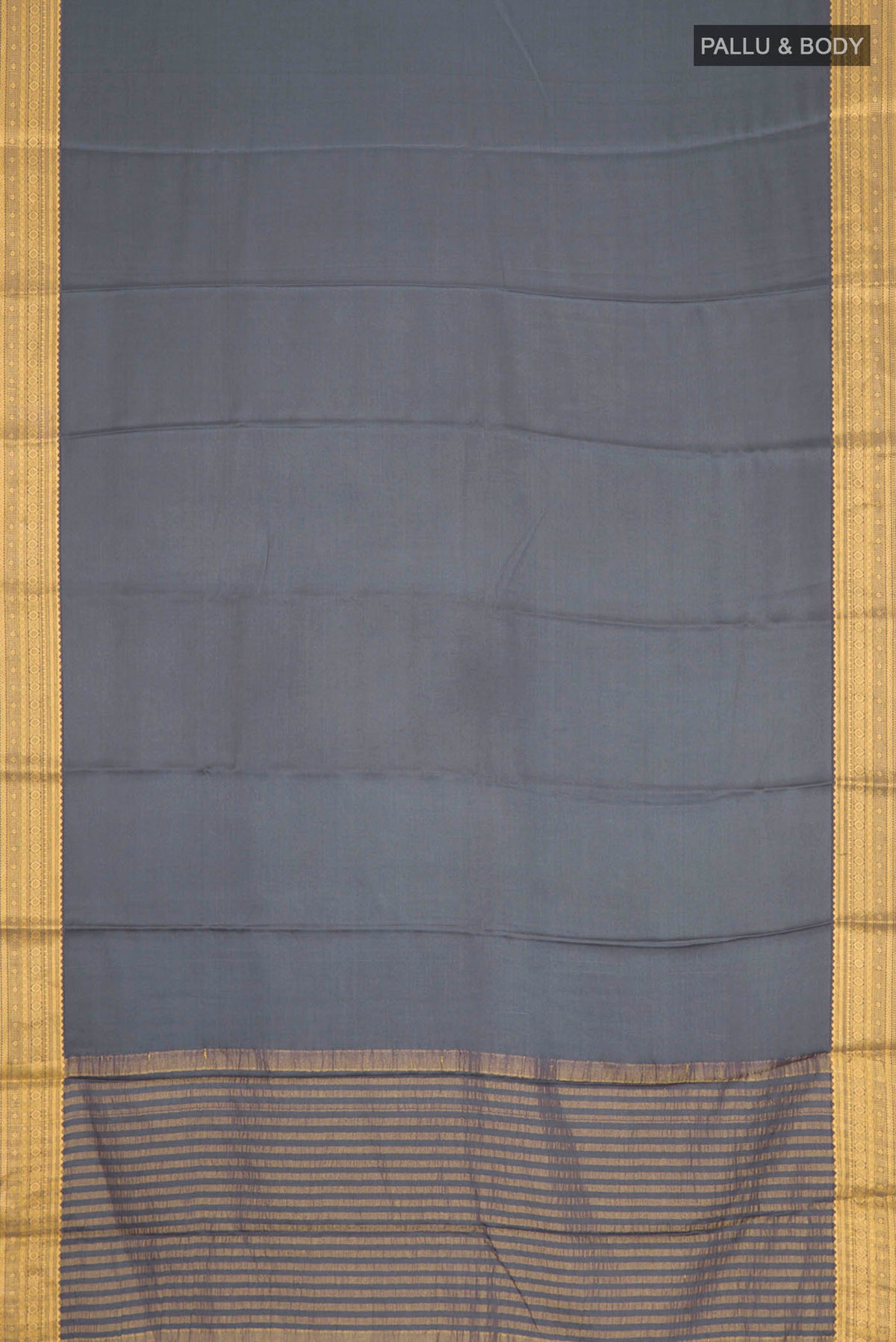 Flat view of Grey Satin Silk Saree with Plain Body and Zari Border
