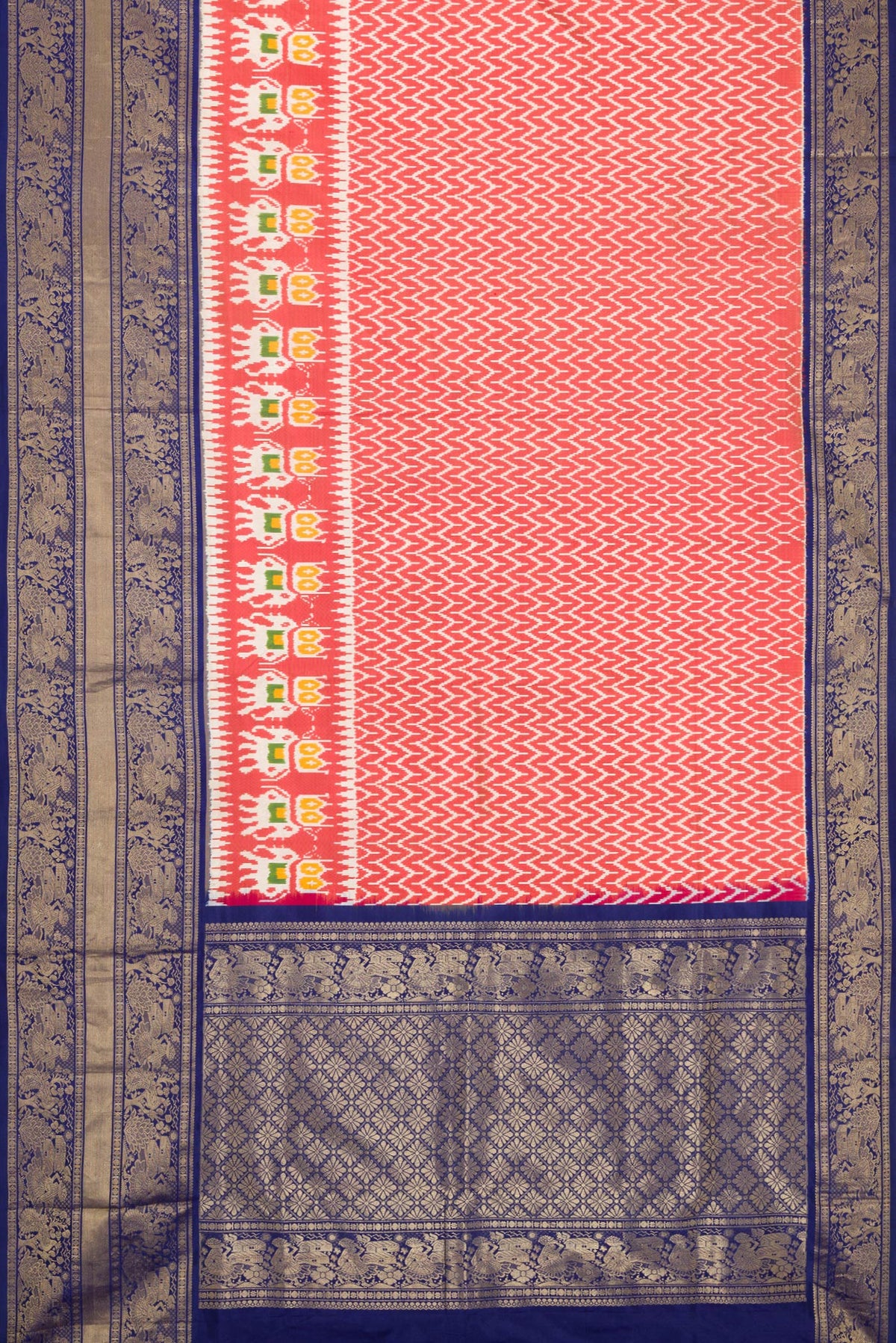 Flat view of Maroon Dual Tone Double Ikat Saree with Ikat Print on the body and Zari Border. 