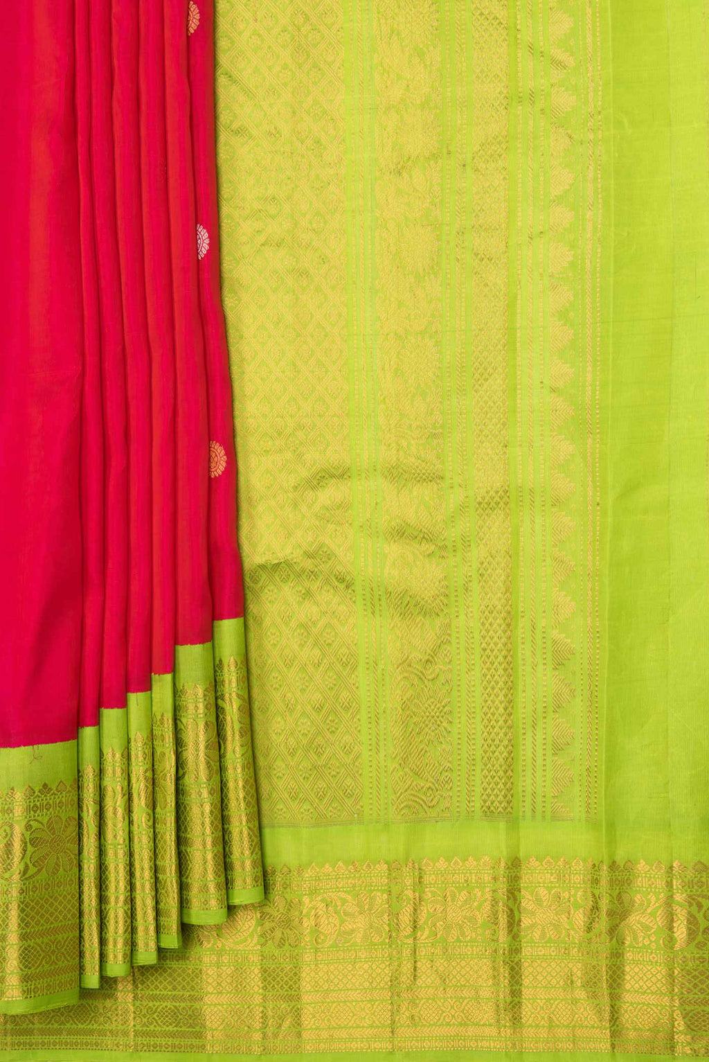 Pleats and pallu of Pink Dual Tone Gadwal Silk Saree with Zari Butta on the body and Zari Border