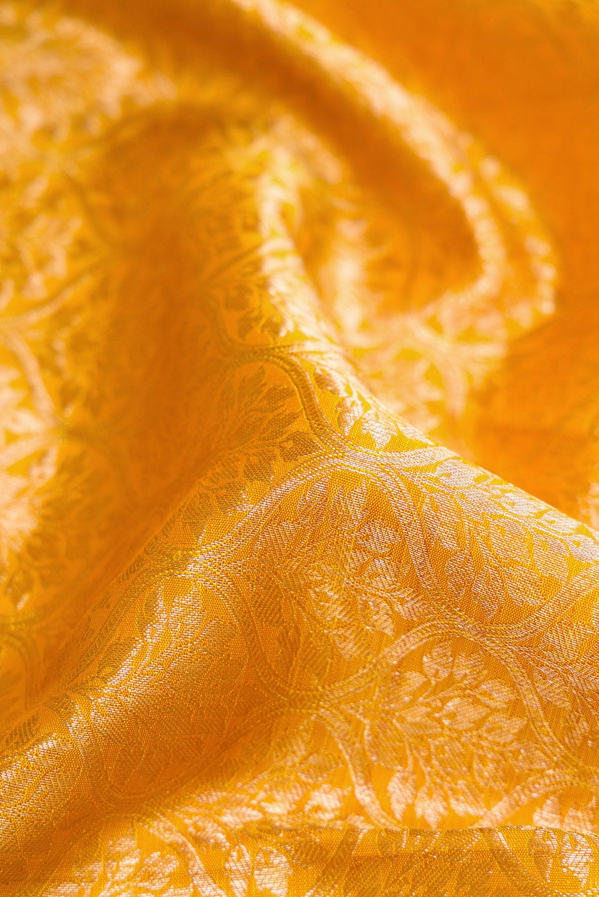 Close up of Mustard Dual Tone Kanchipuram Silk Saree with Zari Brocade on the body and Zari Border.  displaying folds