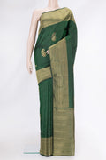 Bottle Green Dual Tone Kanchipuram Silk Saree with Zari Butta on the body and Zari Border.  displayed on a mannequin