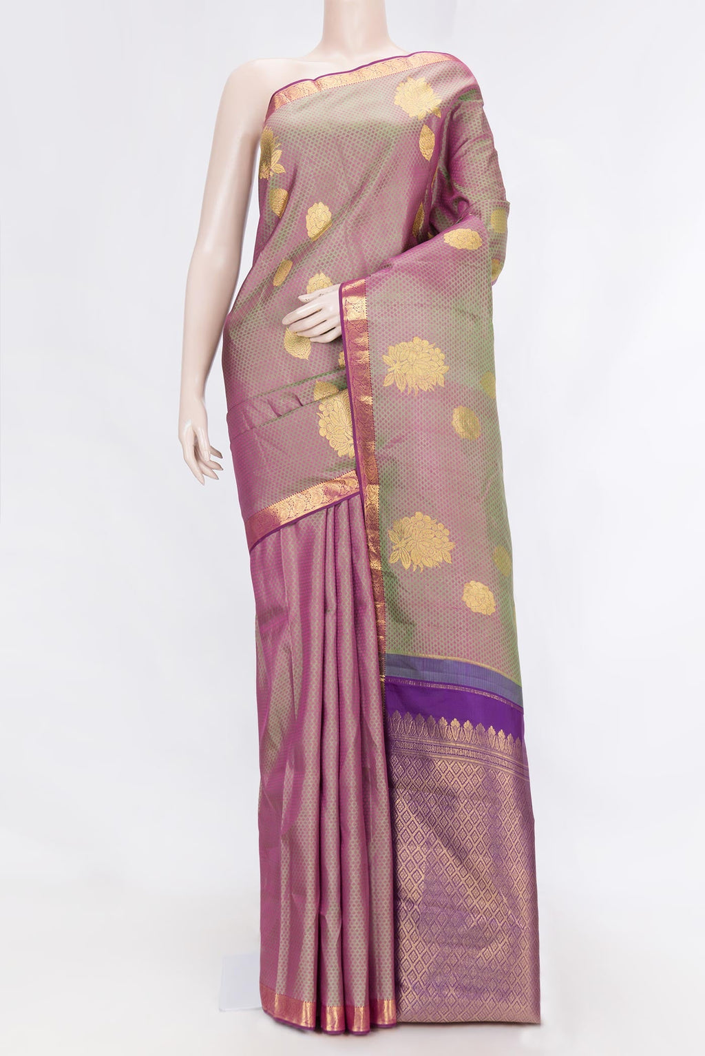 Light Green Dual Tone Kanchipuram Silk Saree with Jacquard With Zari Butta on the body and Zari Border displayed on a mannequin