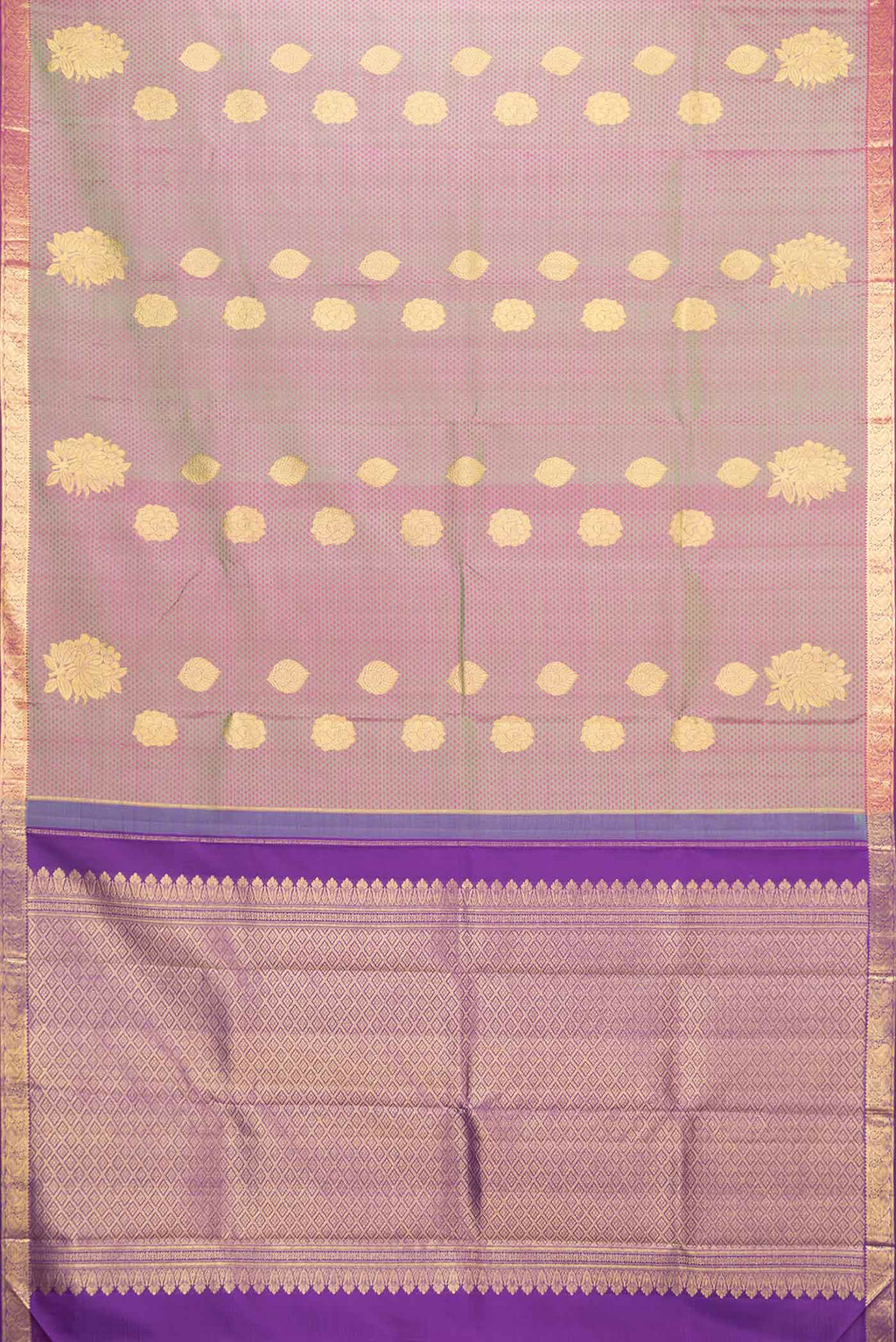 Flat view of Light Green Dual Tone Kanchipuram Silk Saree with Jacquard With Zari Butta on the body and Zari Border